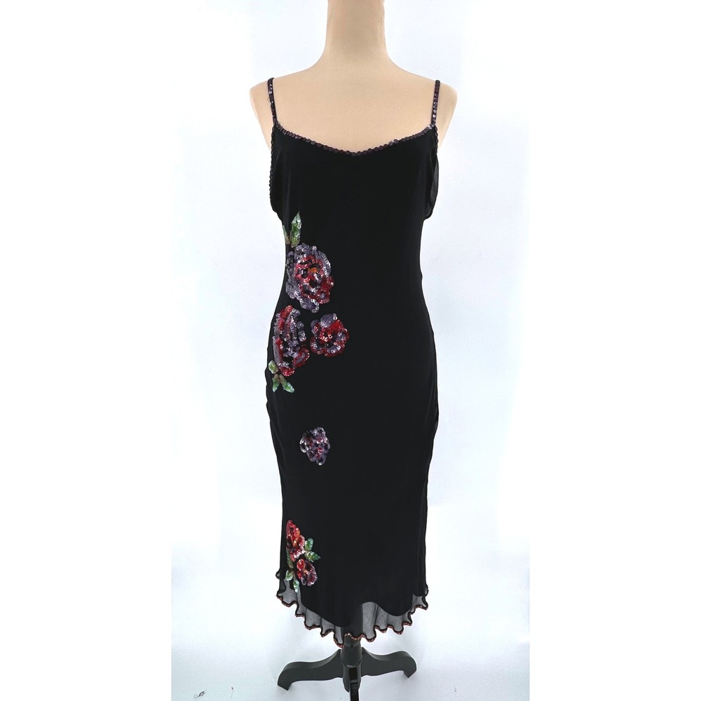 Betsey Johnson Y2K 90s Black Silk Sequin Floral Midi Dress Bias Cut Large